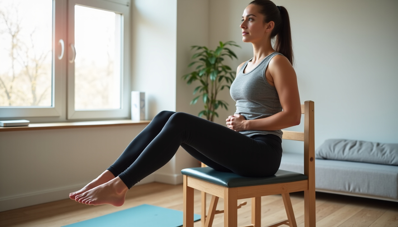 Femme effectuant une descente contrôlée sur une chaise pour renforcer les quadriceps de façon excentrique