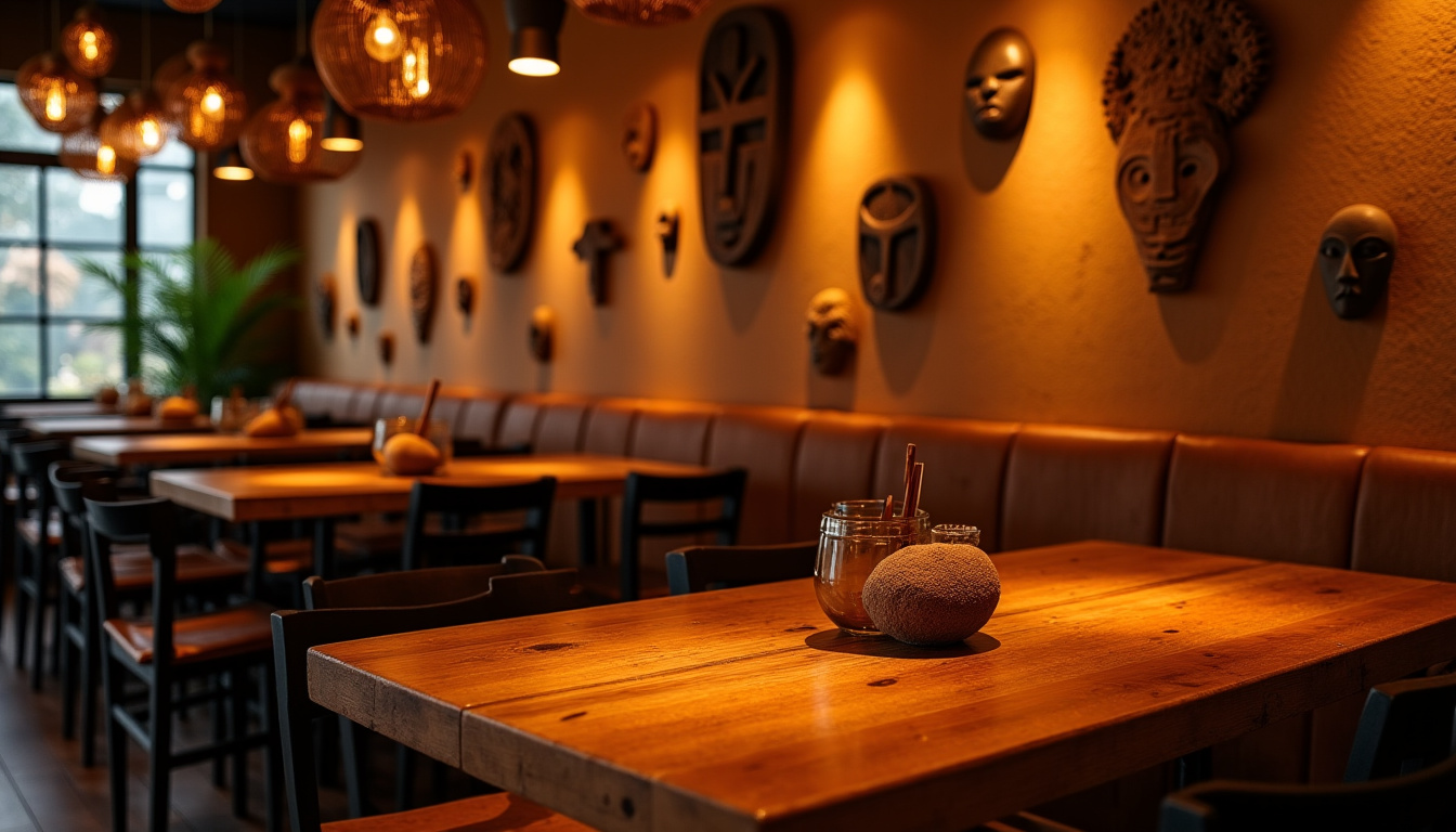 Intérieur du restaurant Le Maestro - Chez Kiné à Bordeaux, avec des tables en bois, des décors africains et une ambiance tamisée