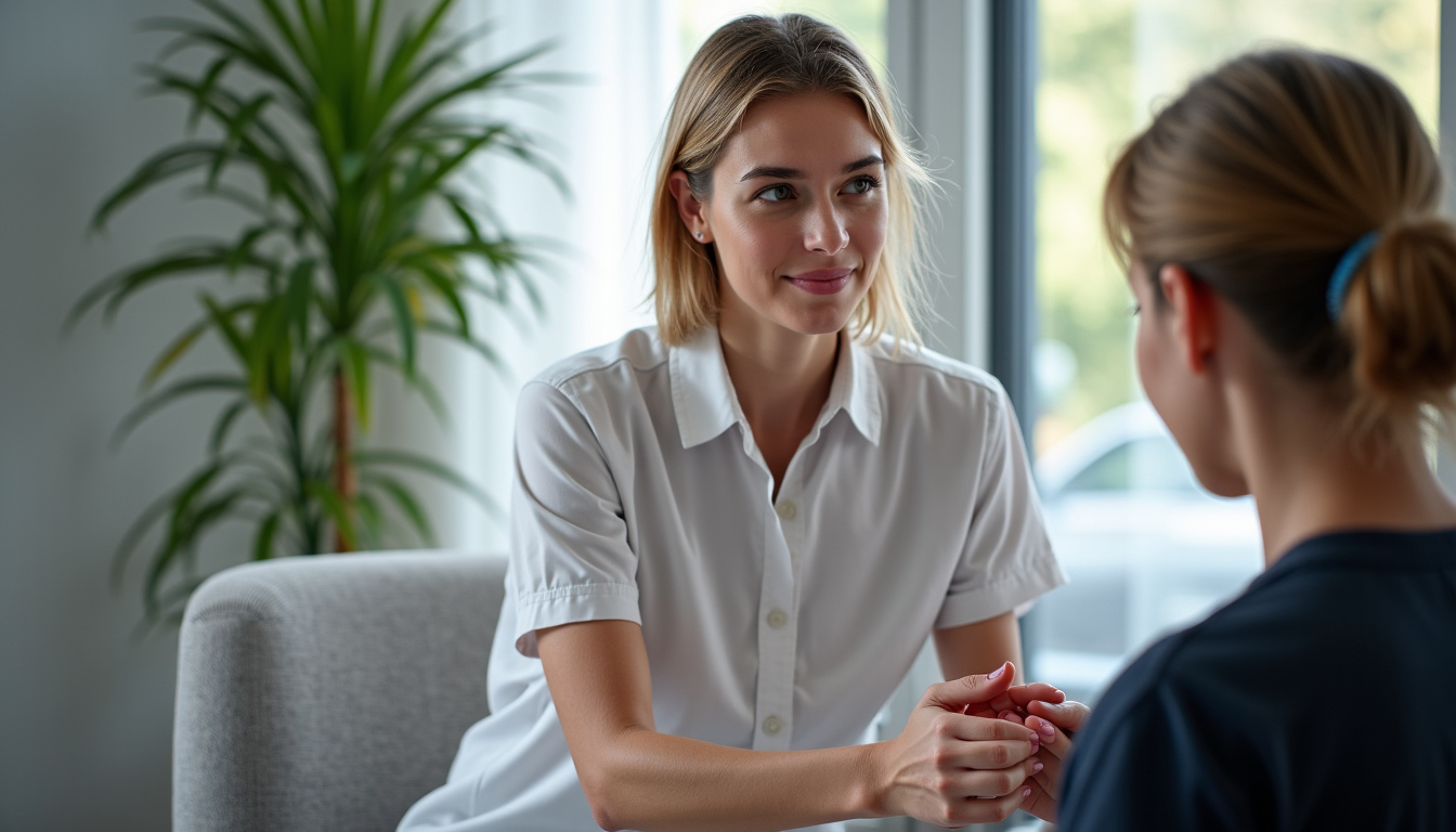 Kinésithérapeute expliquant une technique de respiration à un patient lors d’une consultation