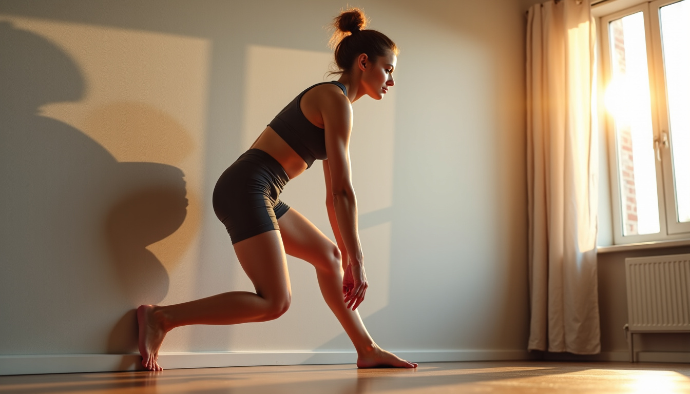 Personne réalisant un étirement du mollet contre un mur, jambe arrière tendue, talon au sol
