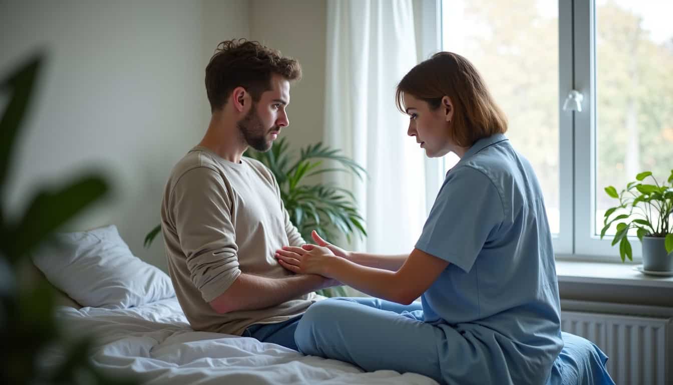 Séance de kinésithérapie respiratoire en cabinet, avec un patient allongé et un kiné en train de pratiquer une technique de drainage