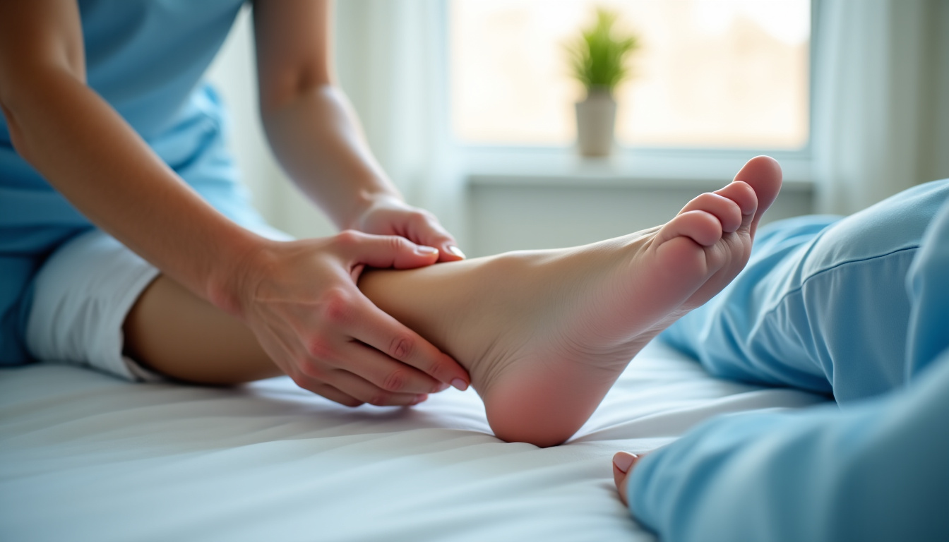 Séance de kinésithérapie sur le pied, avec examen de la voûte plantaire