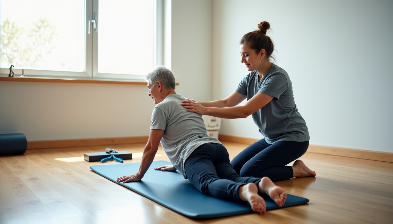 Patient réalisant des exercices de renforcement du dos guidé par un kinésithérapeute