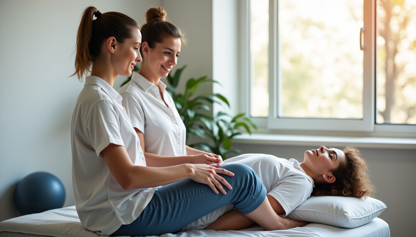 Kinésithérapeute réalisant un examen fonctionnel du genou sur un patient allongé