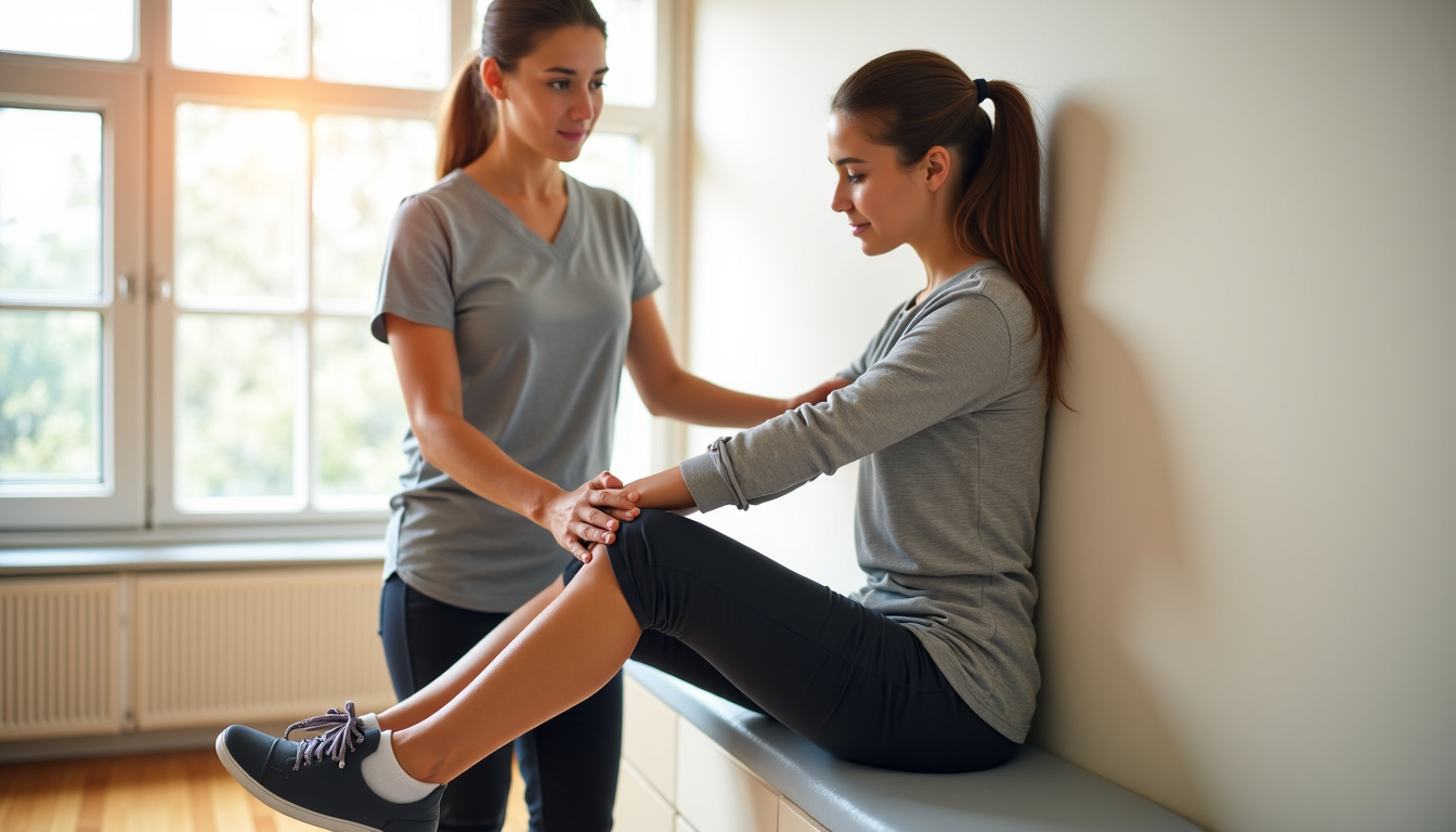 Kinésithérapeute guidant un patient dans un étirement du mollet contre un mur pour traiter une épine calcanéenne