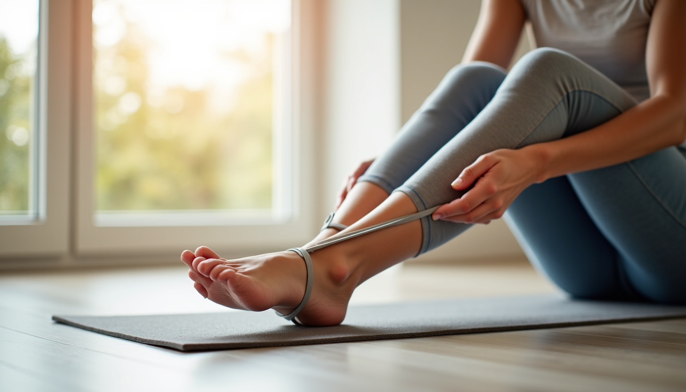 Patient réalisant un exercice de renforcement des muscles du pied avec une bande élastique