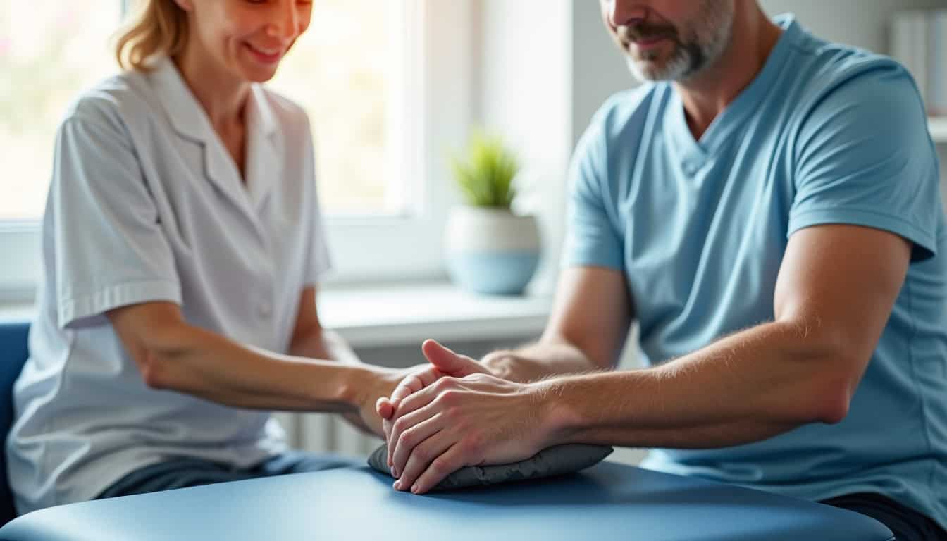 Patient en train de subir un examen clinique pour une tendinite du coude