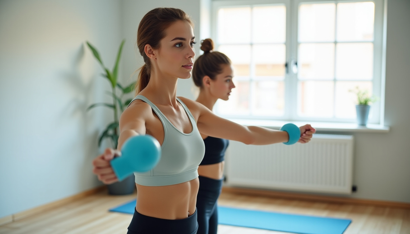 Personne réalisant des exercices d'auto-rééducation de l'épaule à domicile avec bande élastique