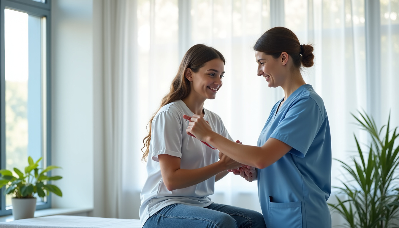 Kinésithérapeute accompagnant un patient dans ses premiers exercices après une infiltration, avec prudence et soutien