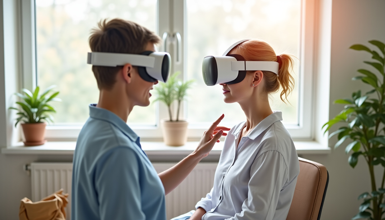 Séance de kinésithérapie vestibulaire utilisant un casque de réalité virtuelle pour simuler des environnements dynamiques