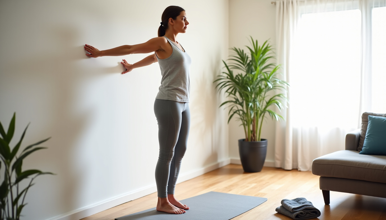 Personne pratiquant des exercices d'équilibre à domicile avec un coussin instable et un miroir pour observer ses mouvements
