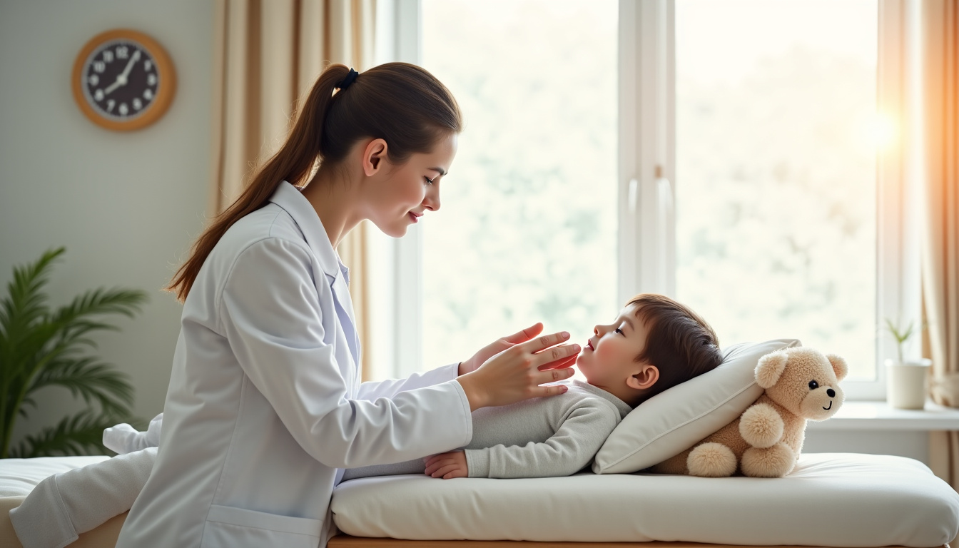 Kinésithérapeute en train de prodiguer un soin respiratoire à un jeune enfant dans un cabinet CKRF