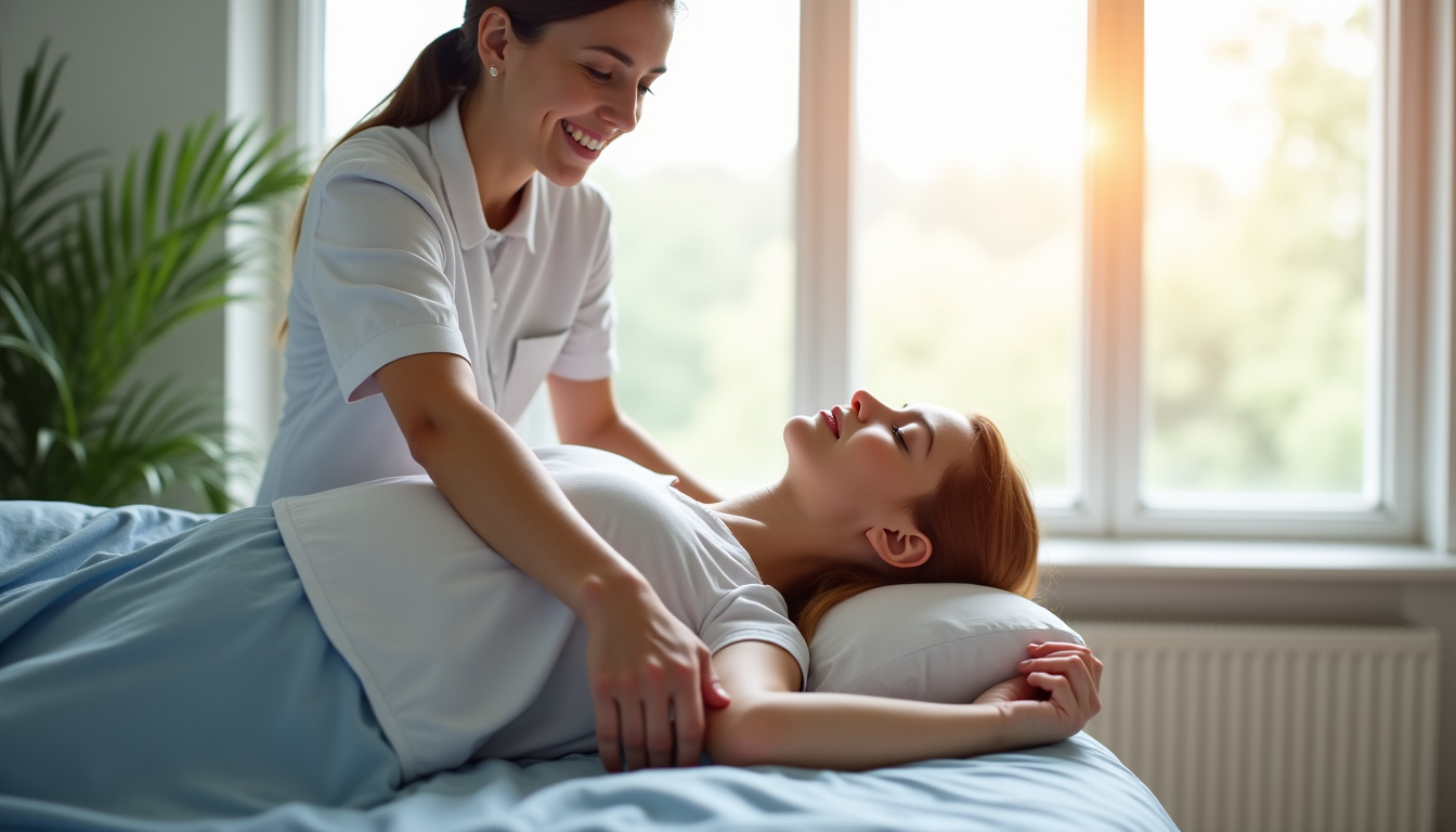 Kinésithérapeute en train de réaliser une mobilisation passive sur une épaule en capsulite