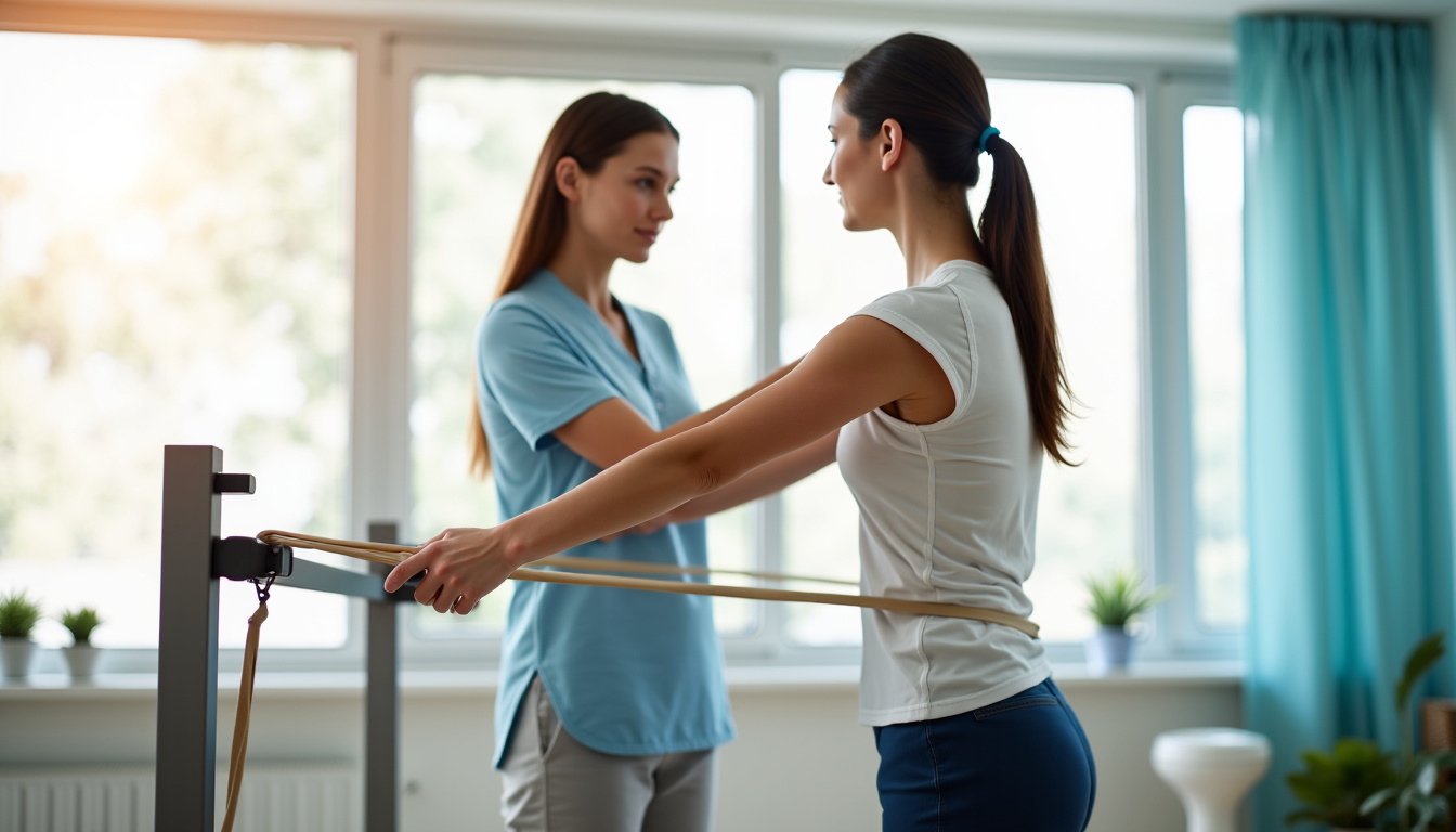 Kinésithérapeute guidant un patient dans un exercice de renforcement de la coiffe des rotateurs avec une bande élastique