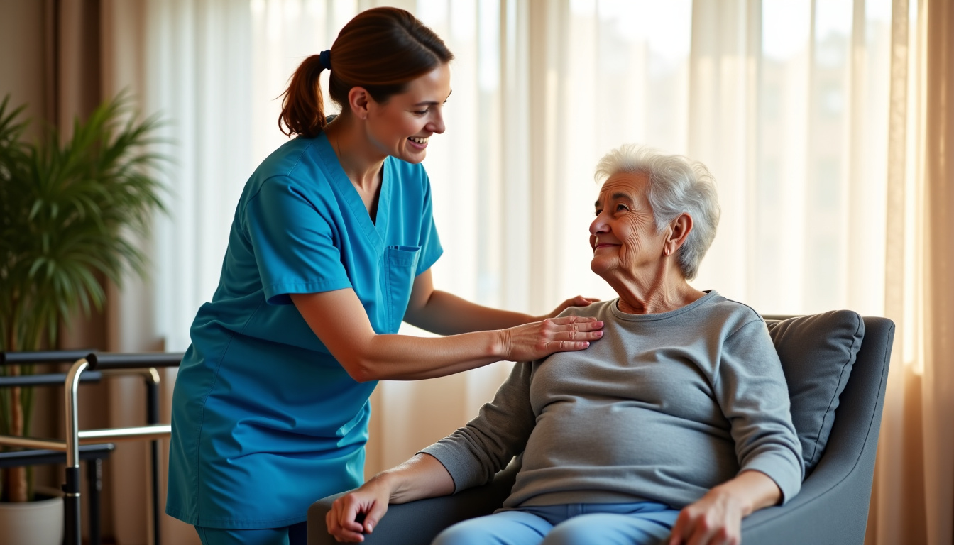 Kinésithérapeute libéral en consultation à domicile auprès d’un patient âgé