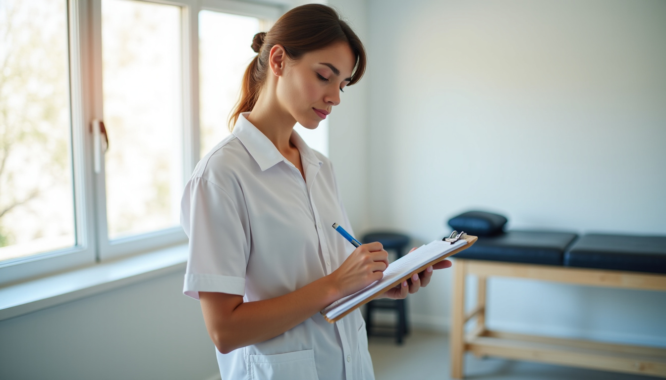 Kinésithérapeute prenant des notes après une séance