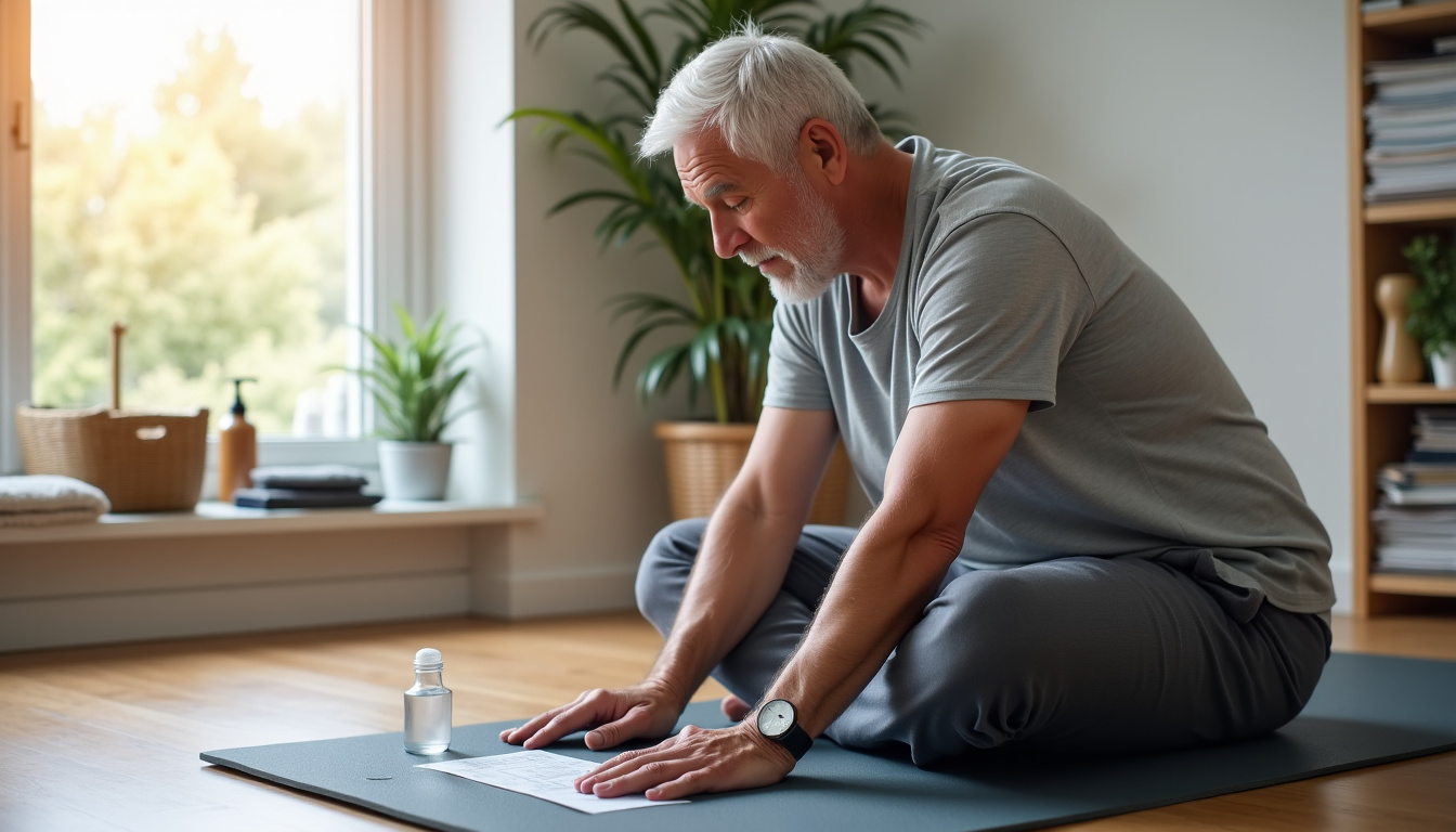 Patient effectuant des exercices de rééducation à domicile après une séance chez le kiné
