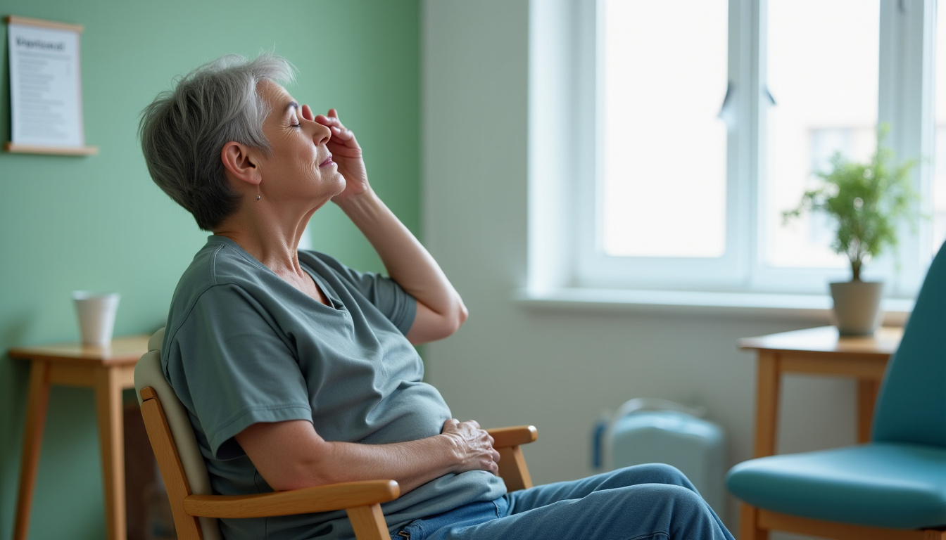 Patient en fin de séance de kiné vestibulaire, assis sur une chaise, l