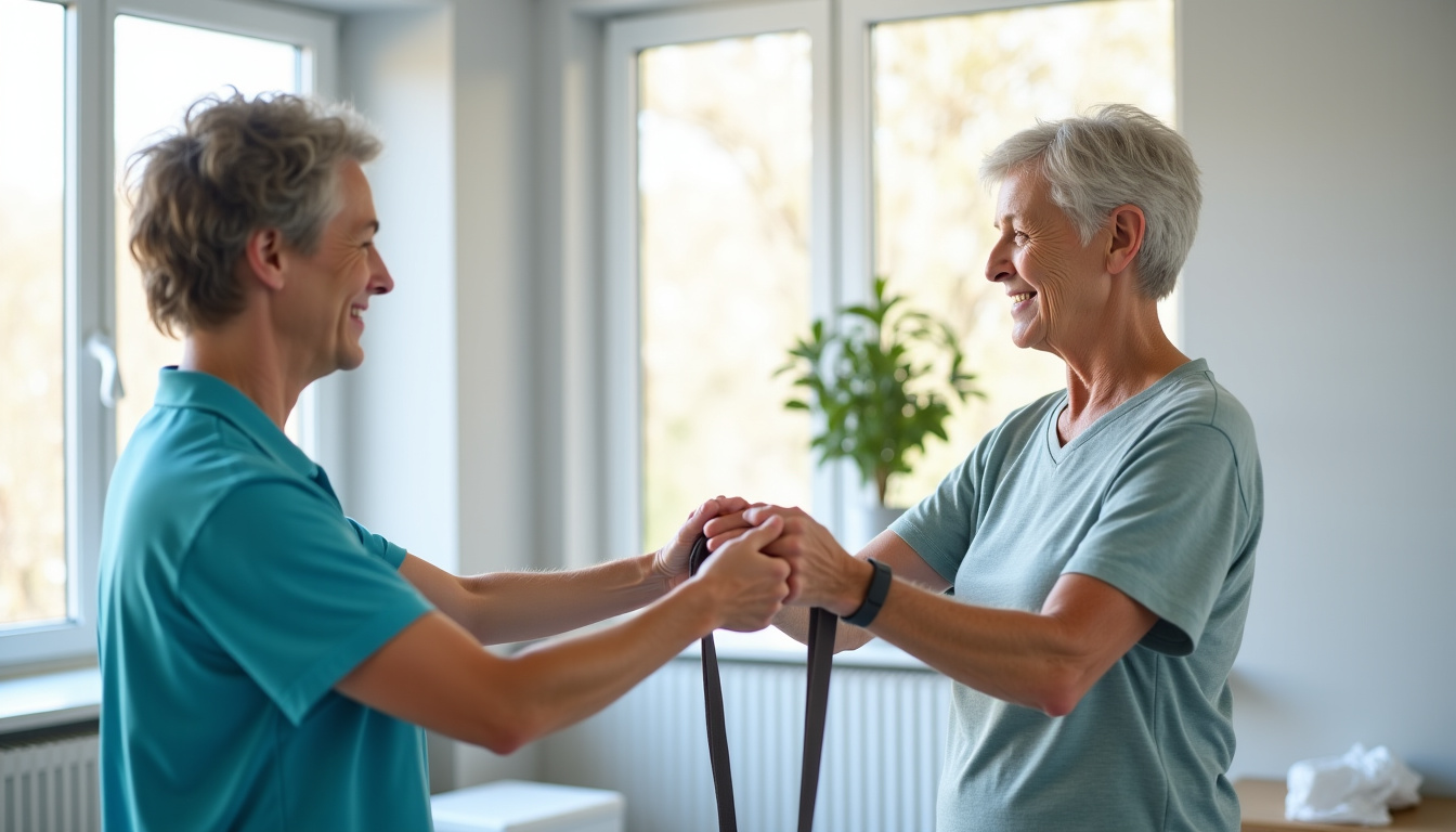 Patient en rééducation de l’épaule avec un kinésithérapeute, effectuant un exercice guidé de mobilité