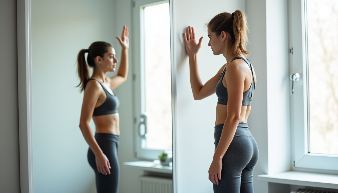 Patient en train de réaliser un exercice de la méthode Schroth devant un miroir, avec correction posturale active