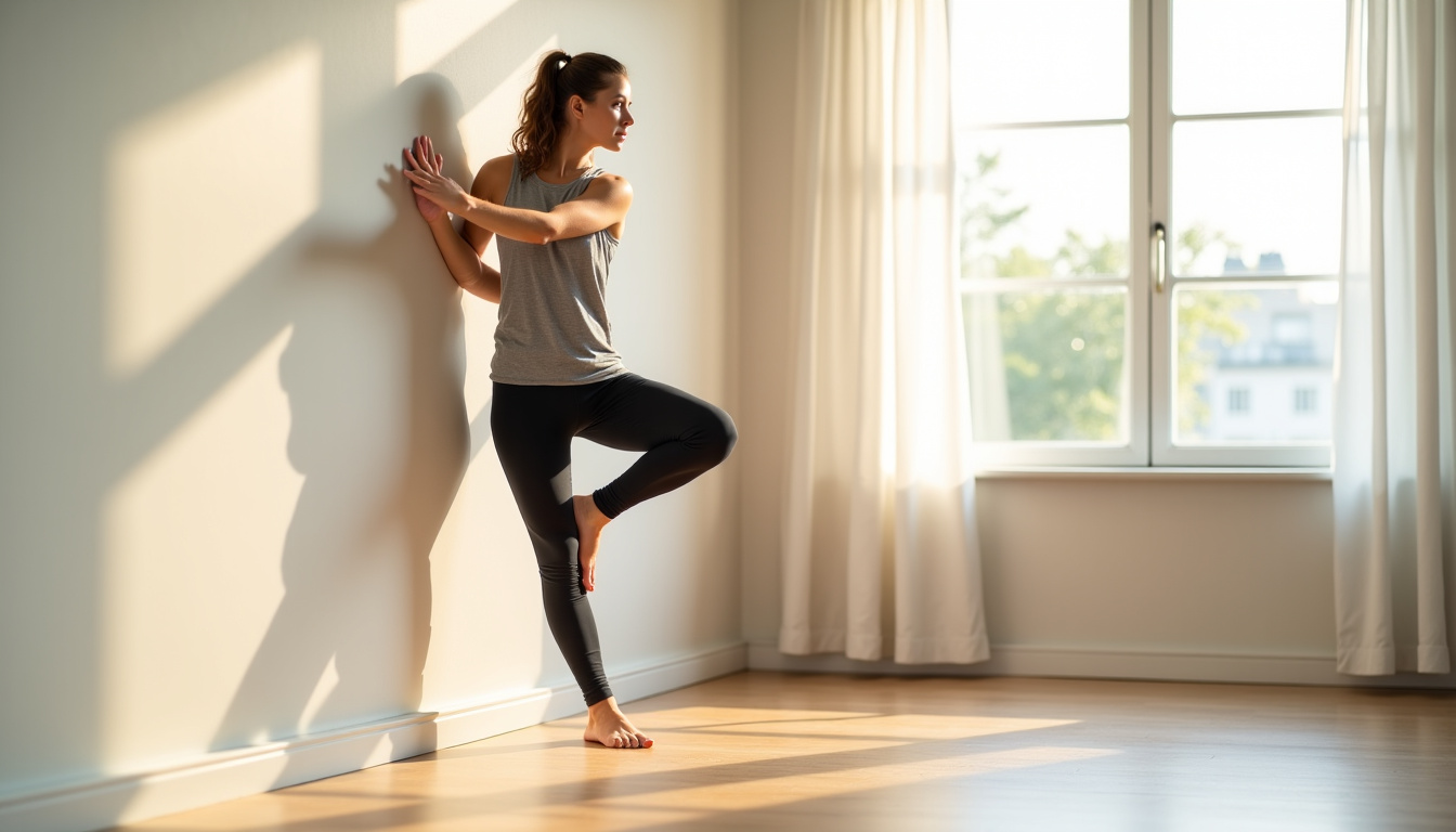 Personne réalisant un étirement du mollet contre un mur, jambe arrière tendue, talon au sol
