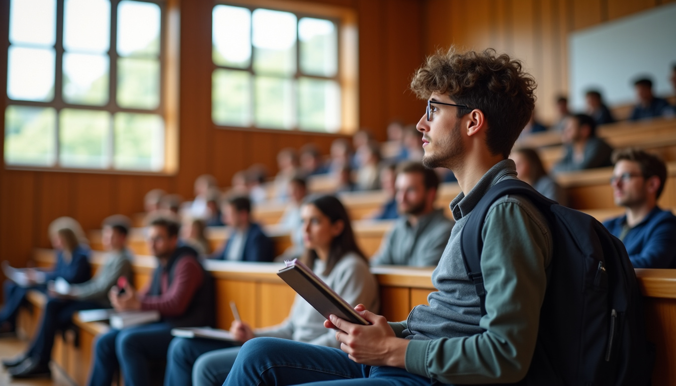 Un étudiant en première année de PASS ou L.AS suit un cours théorique en amphithéâtre, entouré de ses camarades
