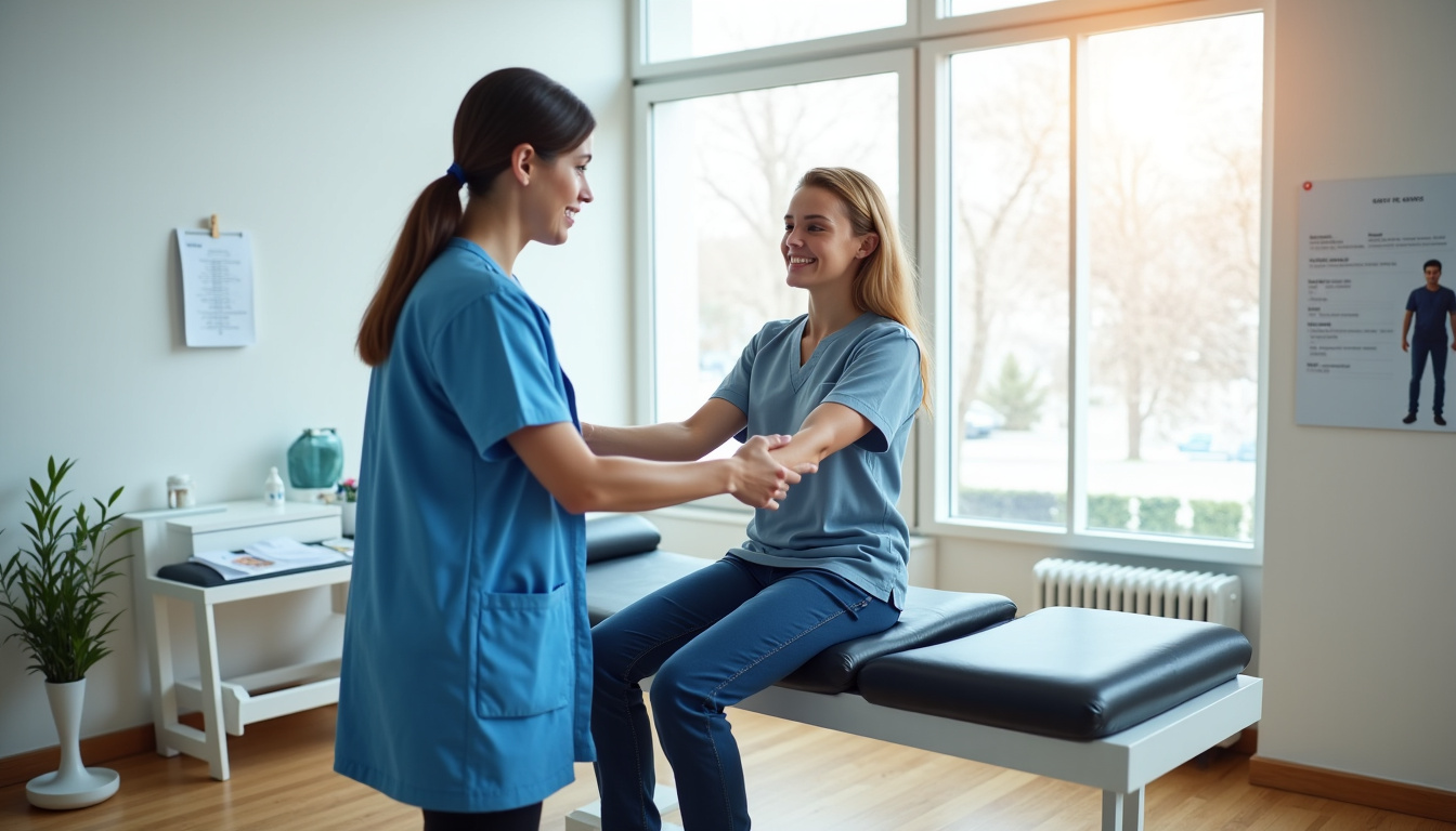 Un kinésithérapeute en consultation avec un patient dans un cabinet médical, en train d'effectuer une évaluation physique