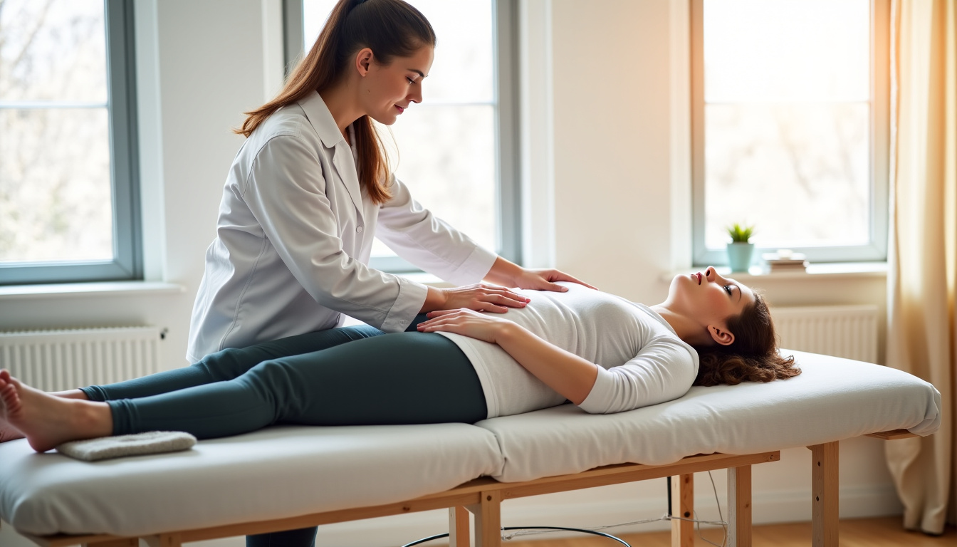 Séance de kinésithérapie avec un patient allongé, suivi d