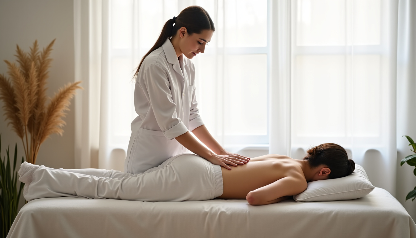 Séance de kinésithérapie douce après une infiltration rachidienne, avec mobilisations très progressives de la colonne