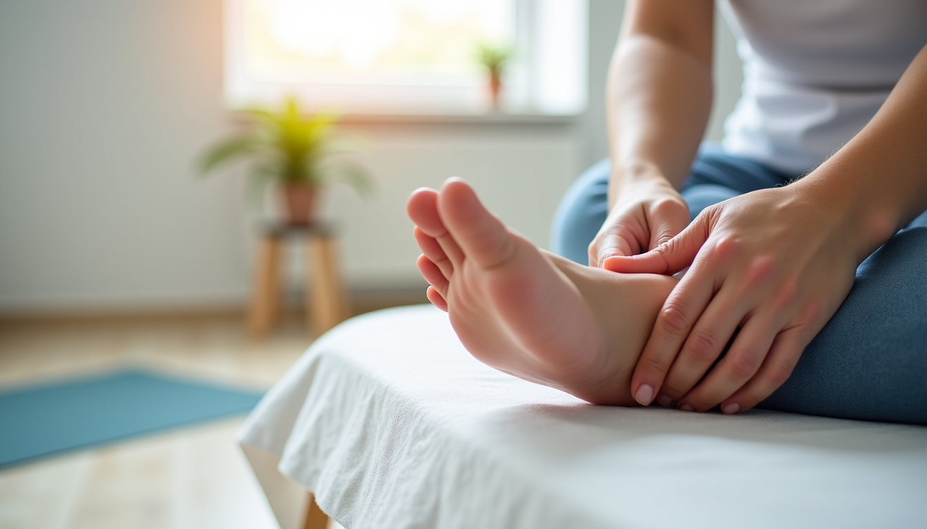 Séance de kinésithérapie sur le pied, avec examen de la voûte plantaire