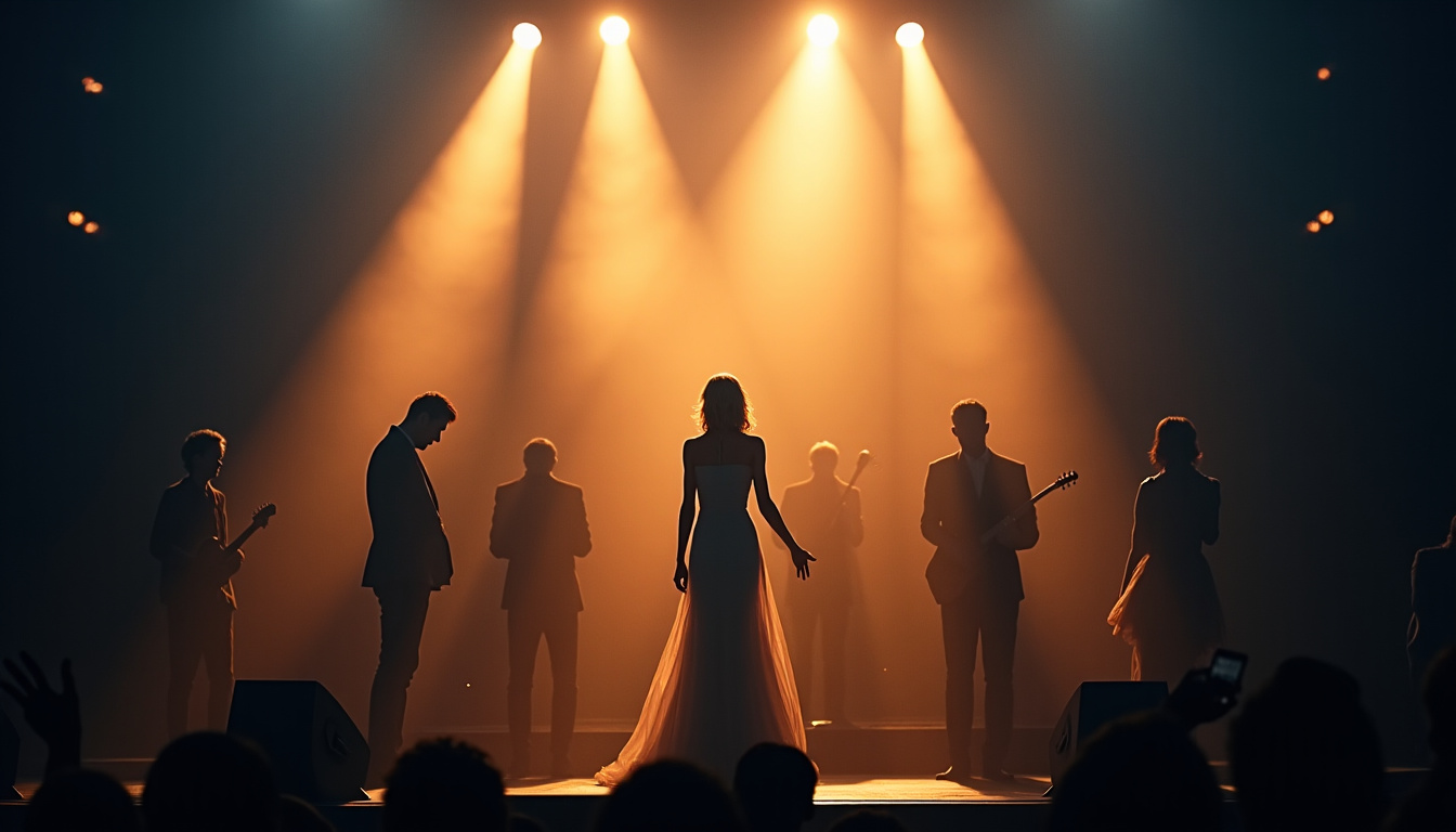 Affiche de concert hommage à un chanteur français décédé, avec des silhouettes lumineuses sur scène