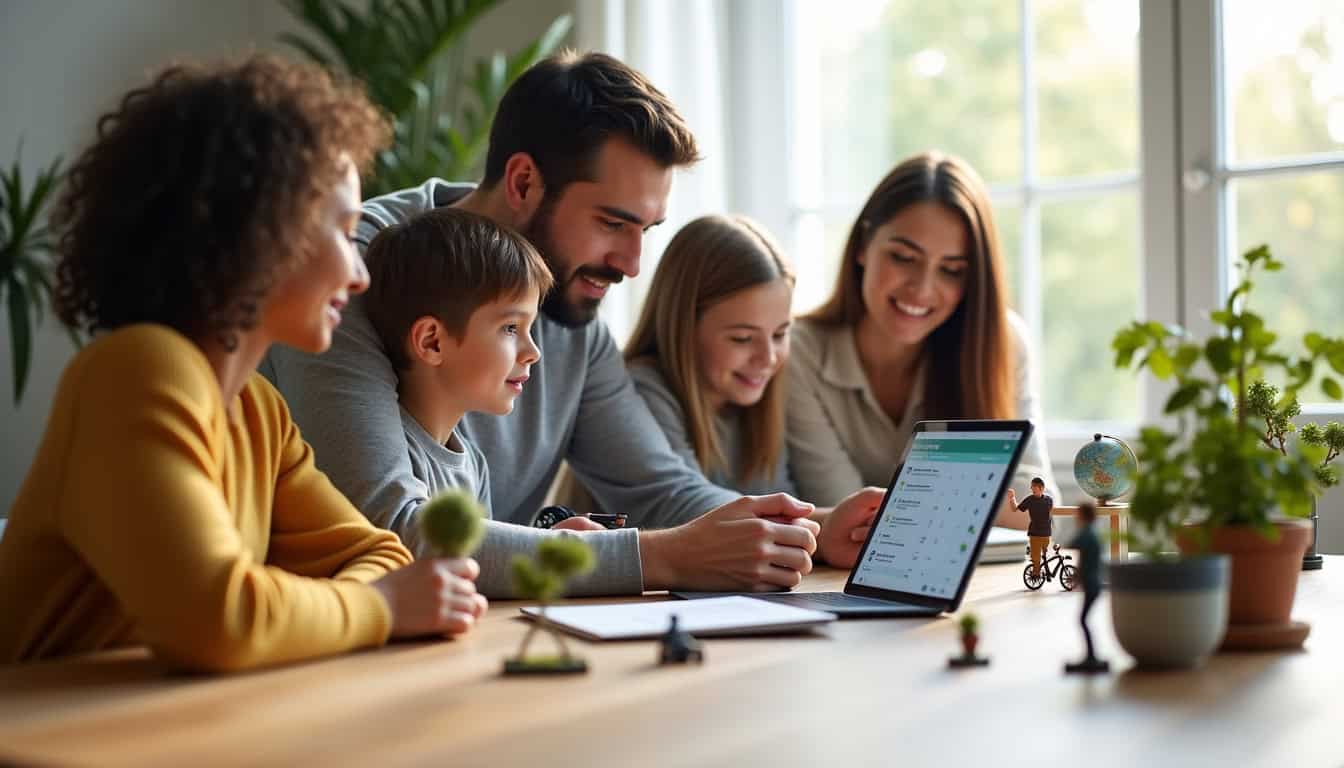 Famille et équipe professionnelle utilisant ensemble la calculette empreinte écologique