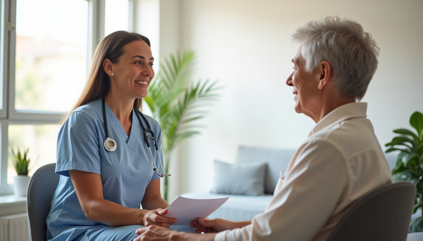 Kinésithérapeute discutant avec un patient, document à la main