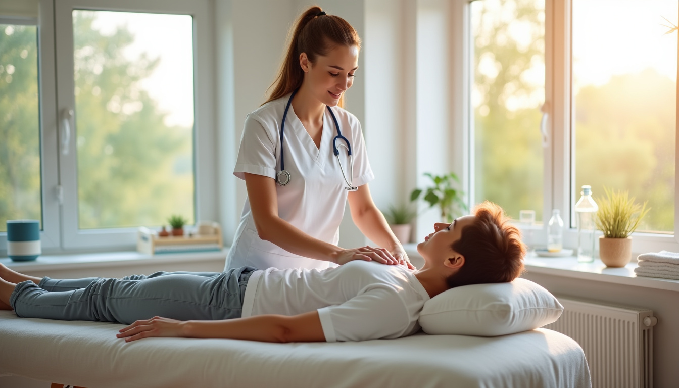 Première séance de kinésithérapie avec examen du patient sur une table de soins