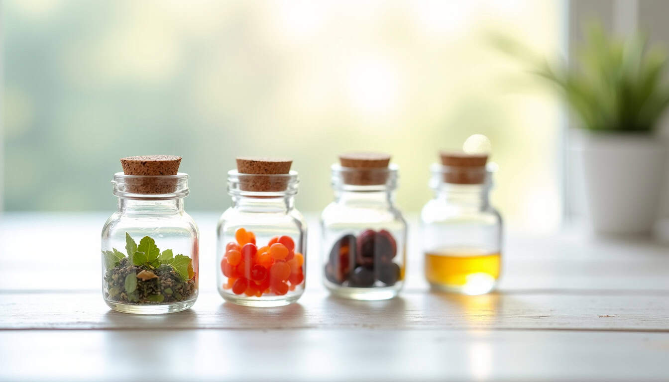 Représentation des grands thèmes abordés sur 123 Phyto Santé: phytothérapie, super-aliments, cosmétique naturelle, molécules naturelles