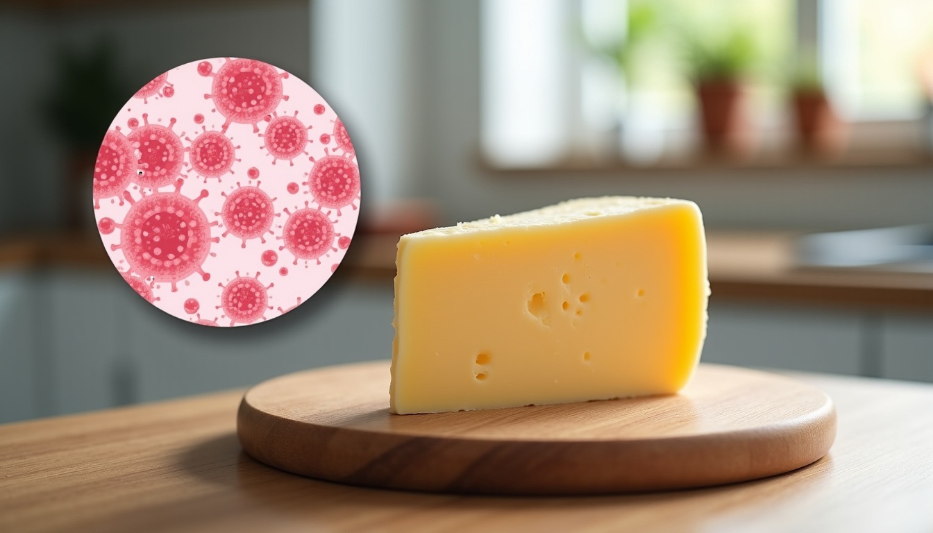 Représentation schématique de la bactérie E. coli STEC sur un morceau de reblochon