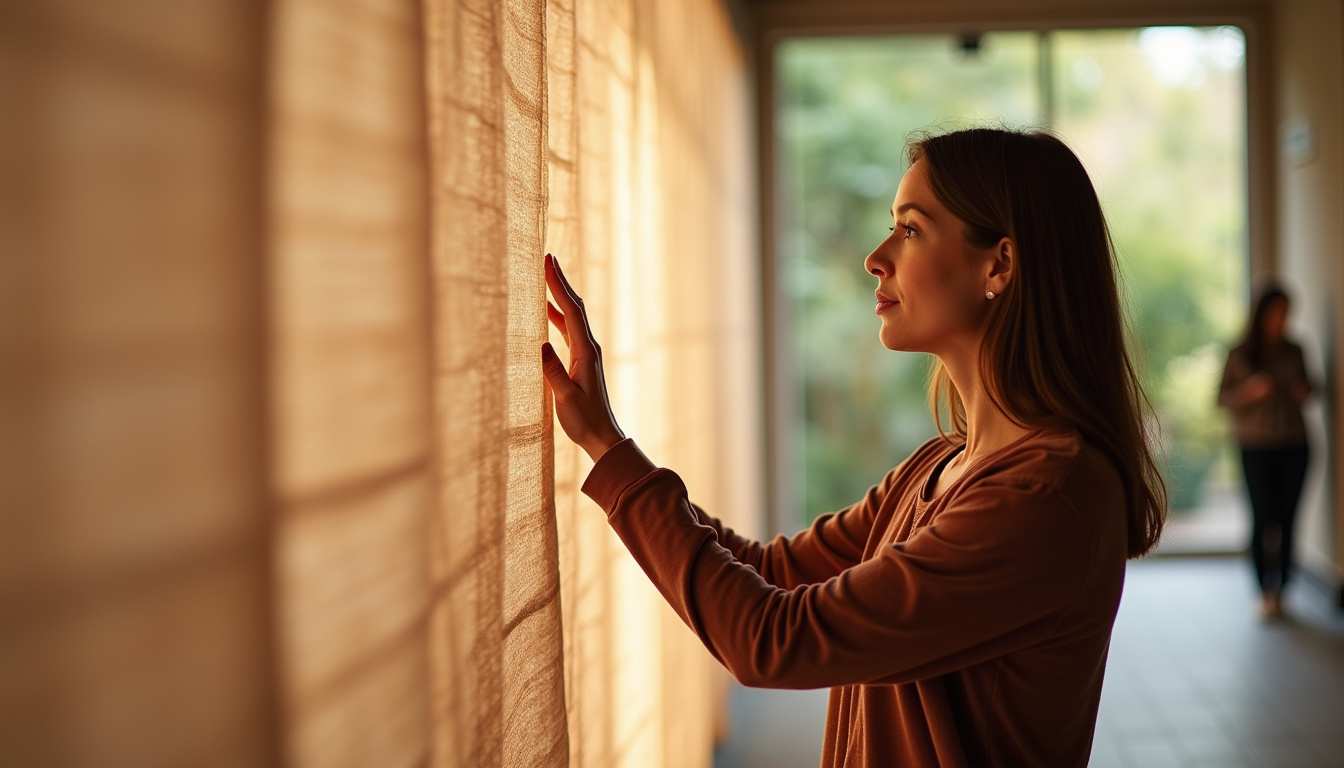 Une personne accompagnée touche un tissu dans un parcours sensoriel en intérieur