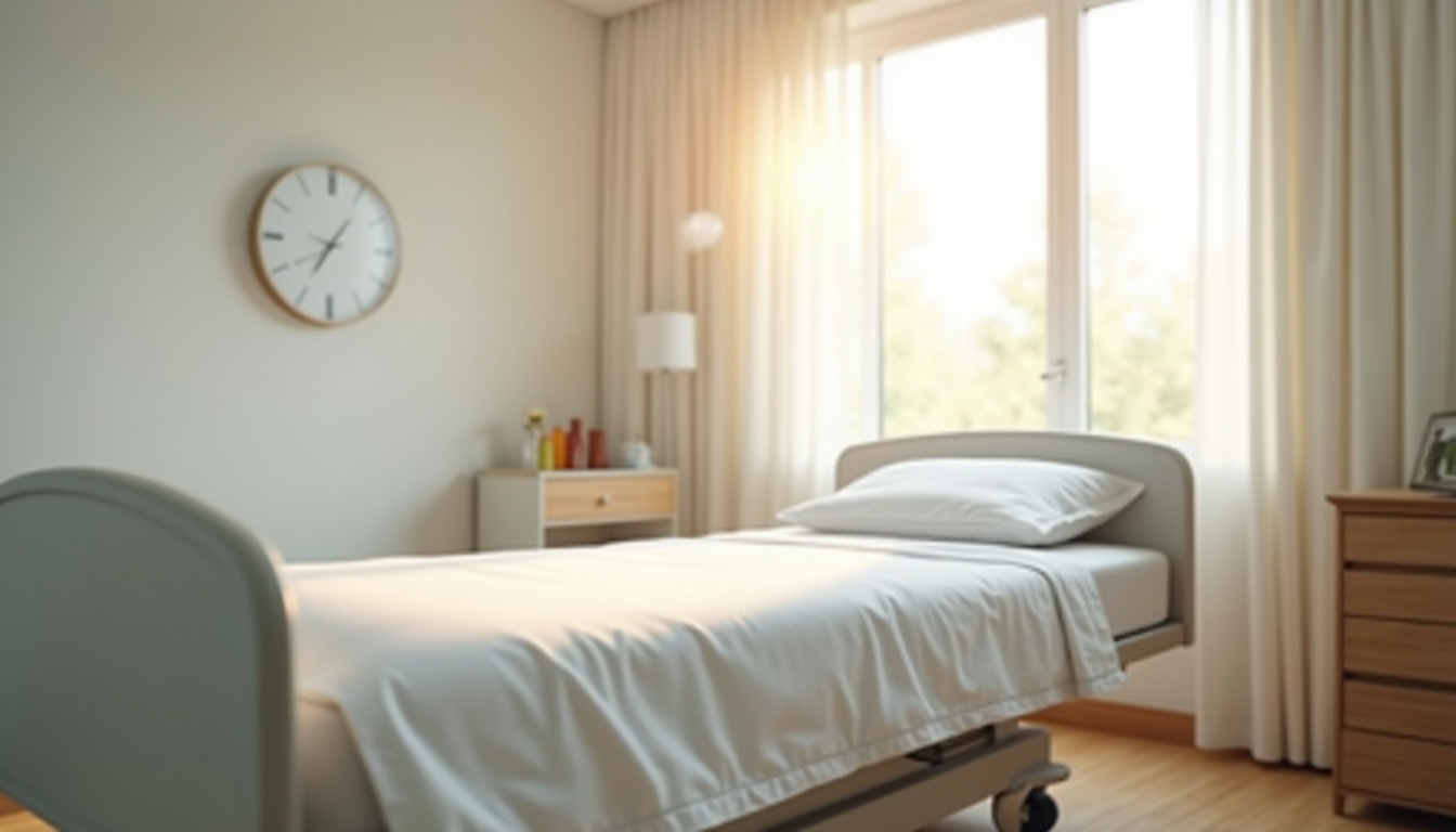 Chambre individuelle dans une clinique privée avec lit médicalisé, table de nuit et fenêtre lumineuse