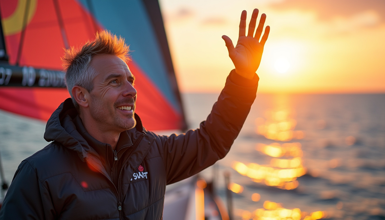 Charlie Dalin sur le pont de son bateau lors du Vendée Globe 2025, saluant la foule à l