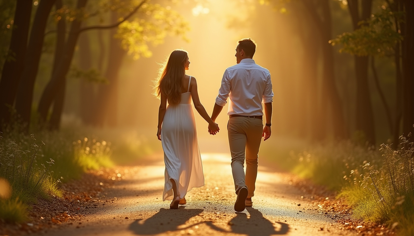 Couple en pleine discussion, l'un marchant devant, l'autre suivant, symbolisant l'équilibre entre indépendance et union
