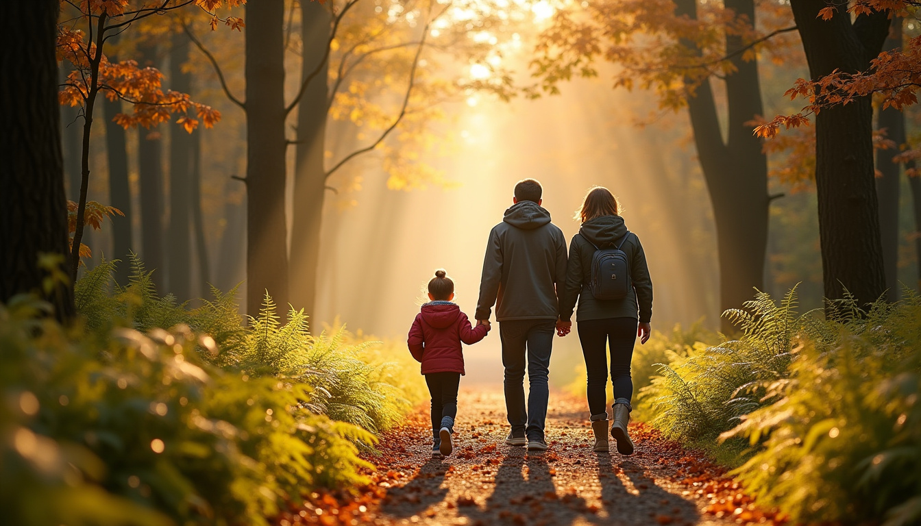 Famille en balade dans une forêt près de Lyon lors d'une escapade artistique