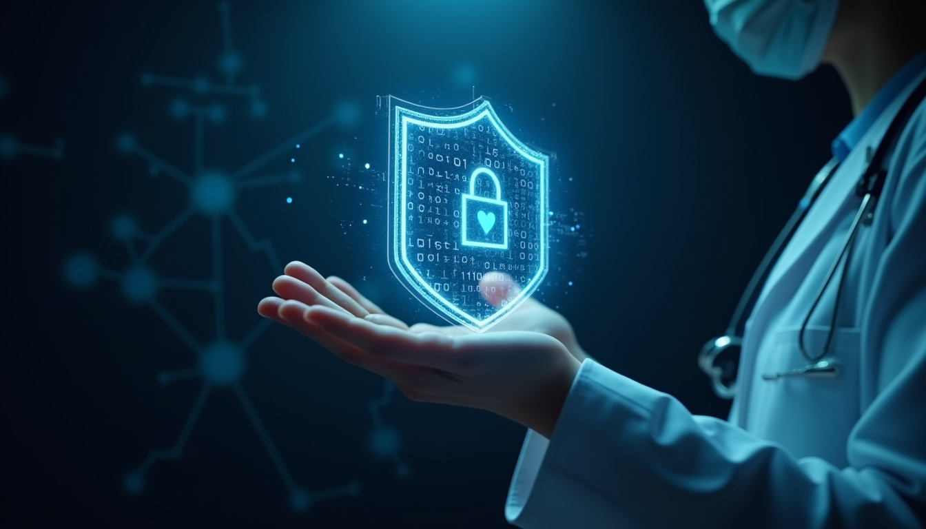 Illustration d’un médecin protégeant un dossier médical numérique avec un bouclier symbolisant la cybersécurité