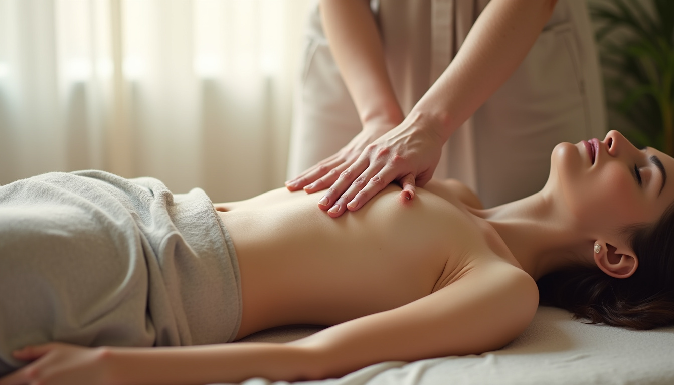 Illustration d'une personne en position fœtale sur le côté et effectuant un massage circulaire sur l'abdomen