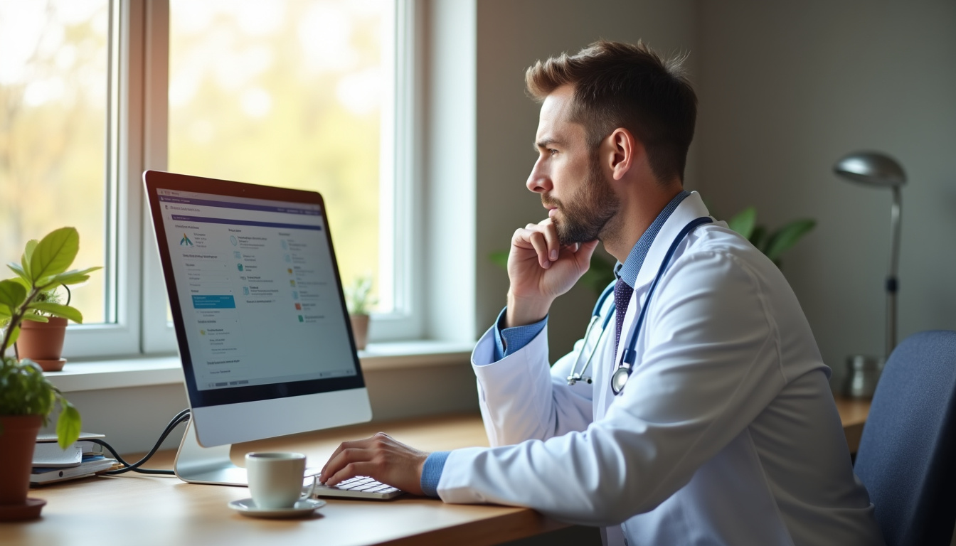Médecin généraliste consulté son ordinateur en cabinet, avec un dossier numérique à l