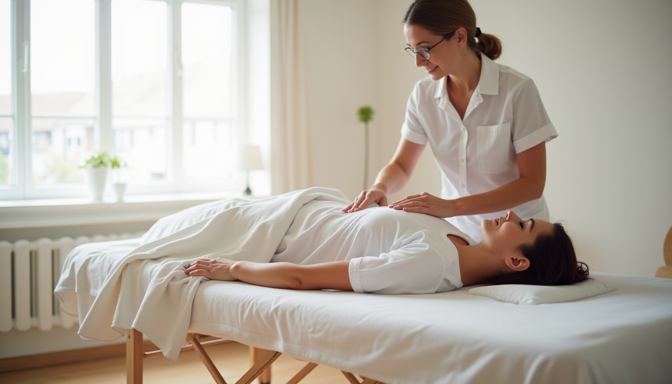 Salle de soins d'un cabinet de kinésithérapie à Lorient, avec un praticien en train de manipuler un patient allongé sur une table de soins