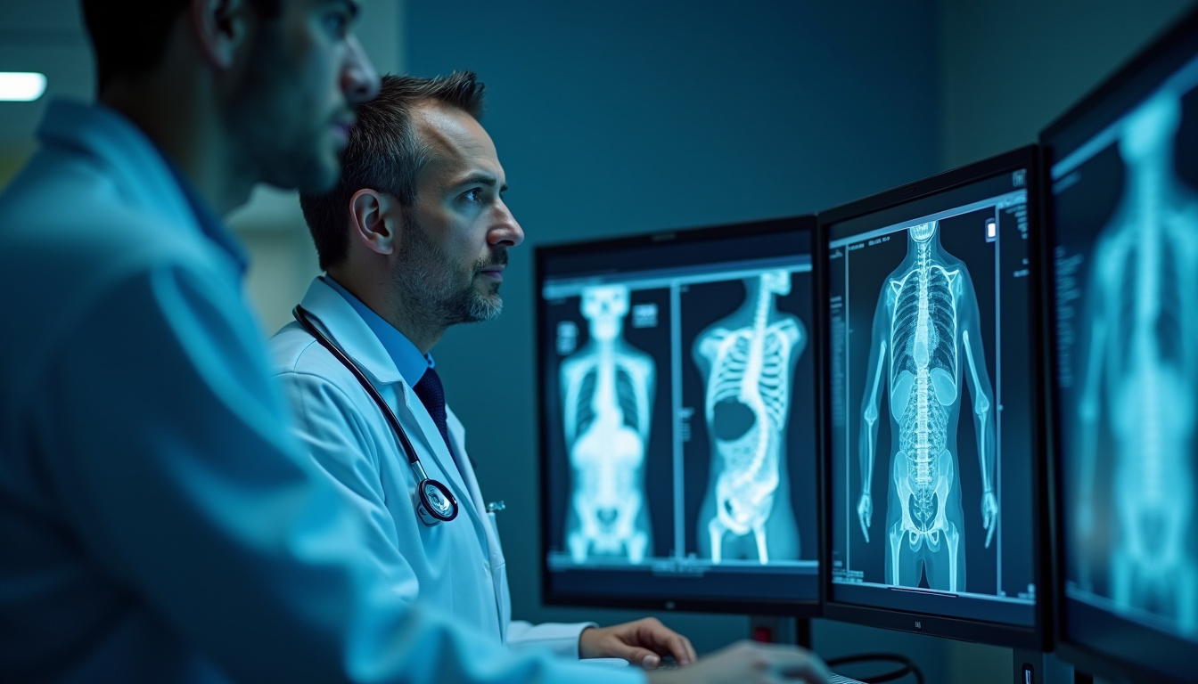Un radiologue en blouse blanche analysant des images de scanner sur un écran médicalisé