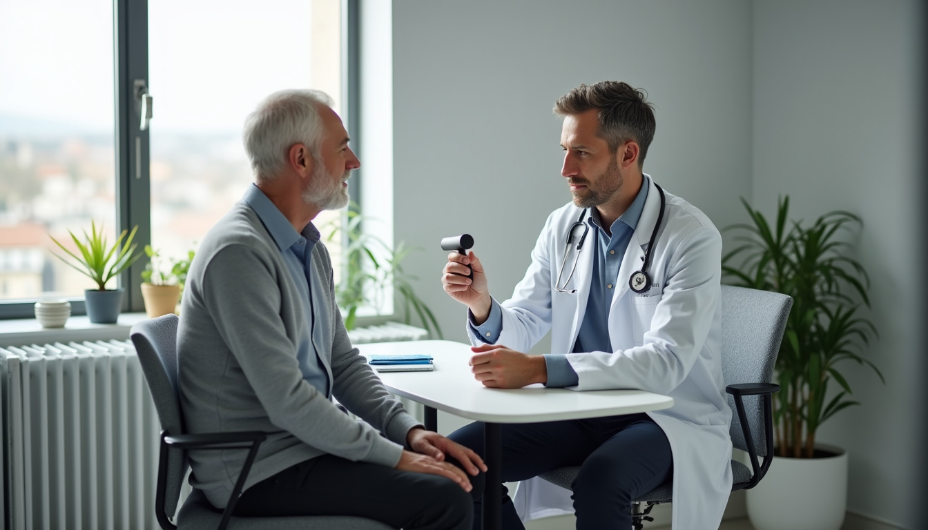 Consultation neurologique à Lyon: neurologue examinant un patient avec un outil médical, dans un environnement calme et professionnel