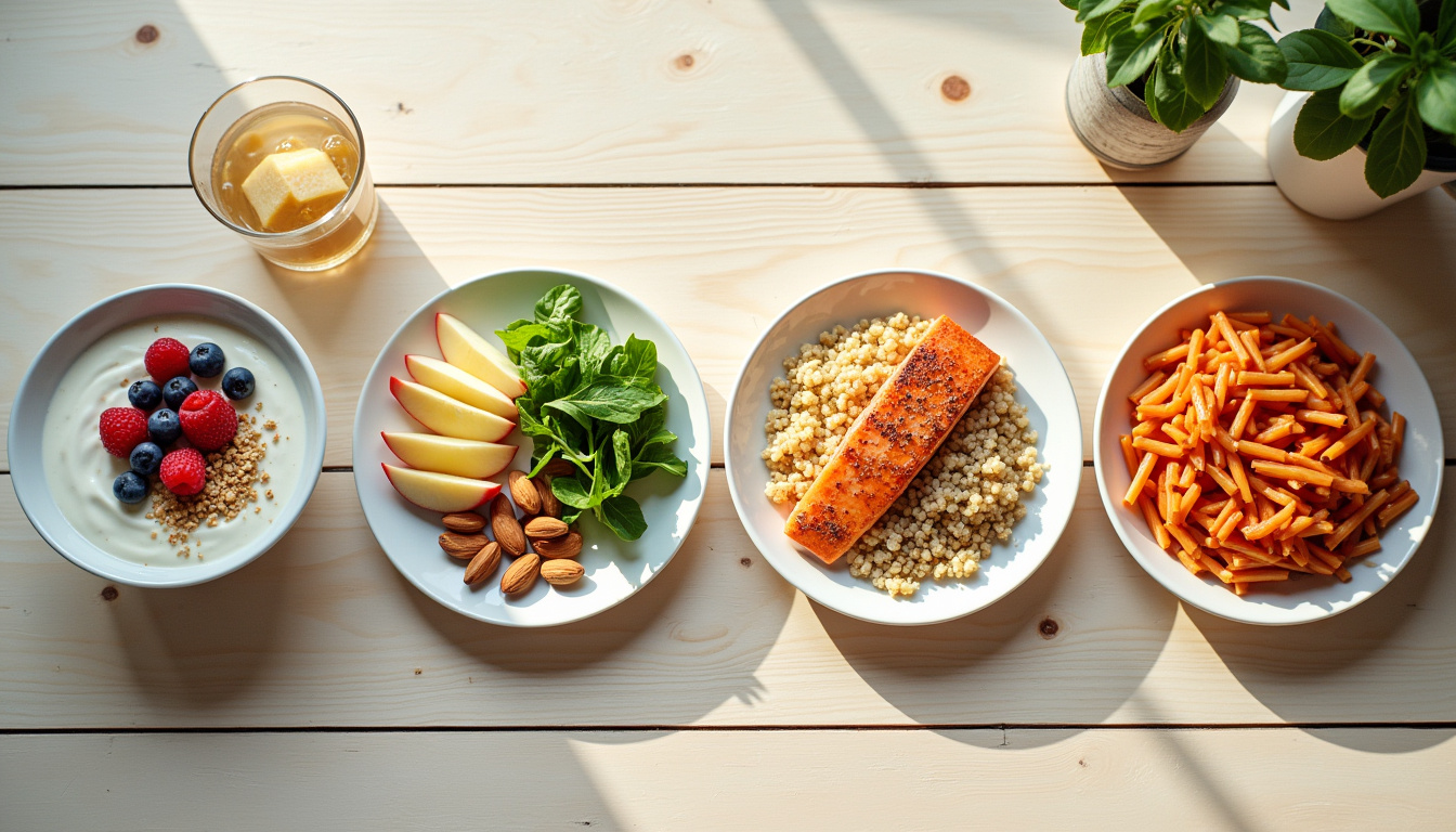 Exemple visuel d'une journée alimentaire équilibrée avec petit-déjeuner, déjeuner, goûter et dîner