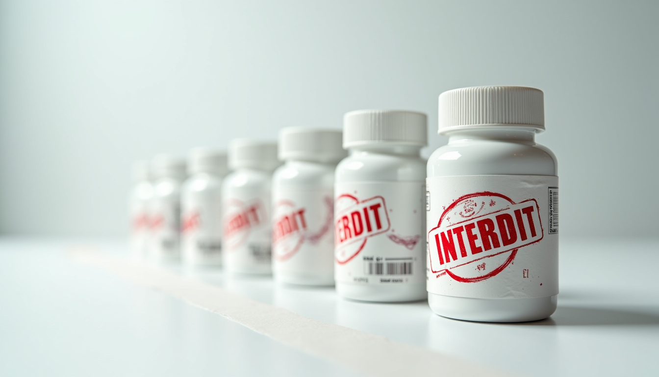 Exemples de compléments alimentaires pour l'arthrose retirés du marché pour contrefaçon ou dangerosité, présentés avec un tampon 'Interdit'