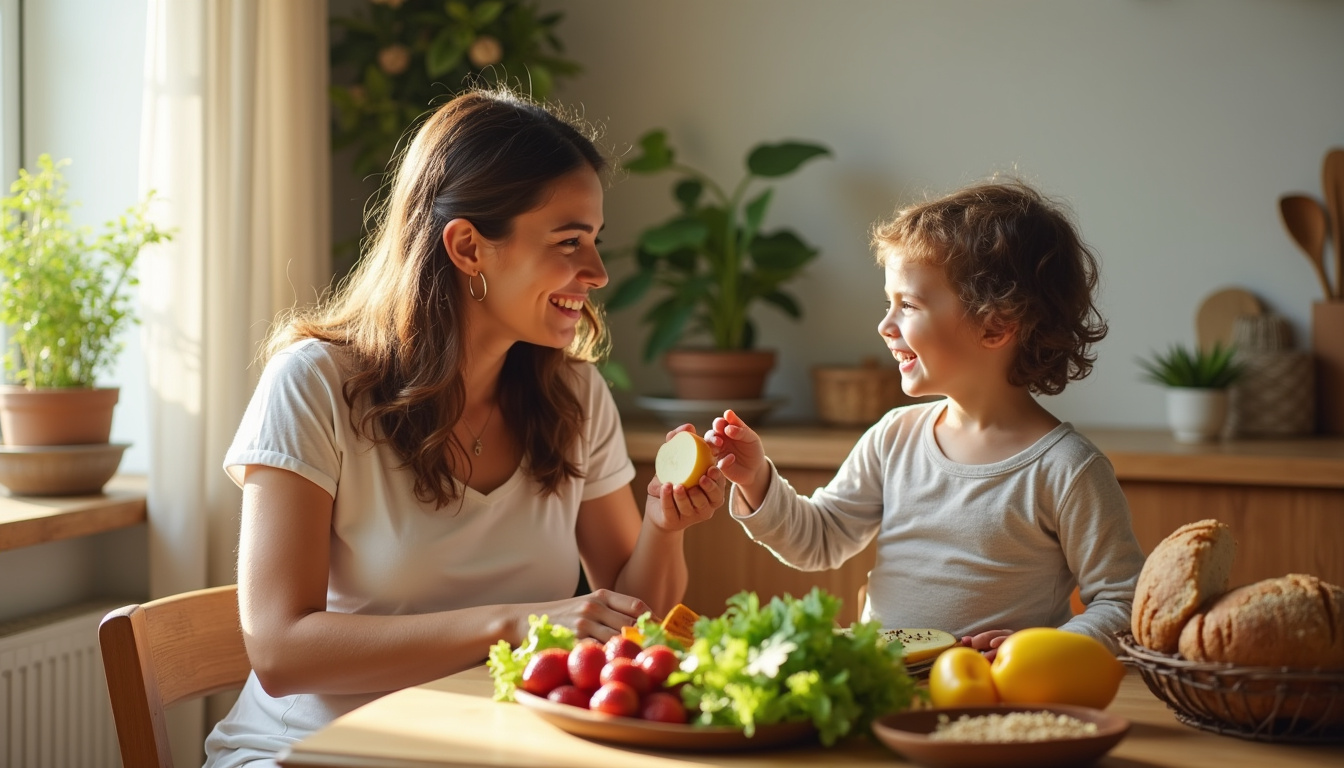 Femme enceinte mangeant des aliments bio avec son enfant
